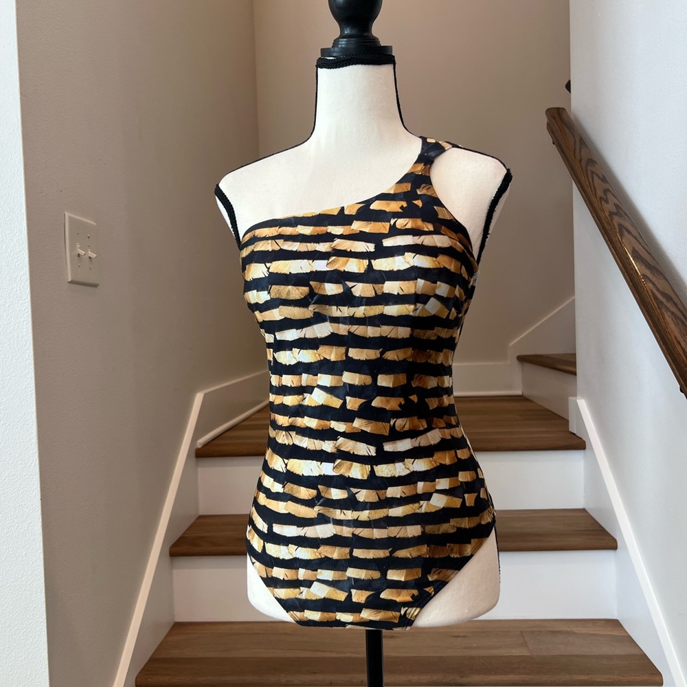 Lenny Niemeyer One-Shoulder Swimsuit in Black & Gold Print